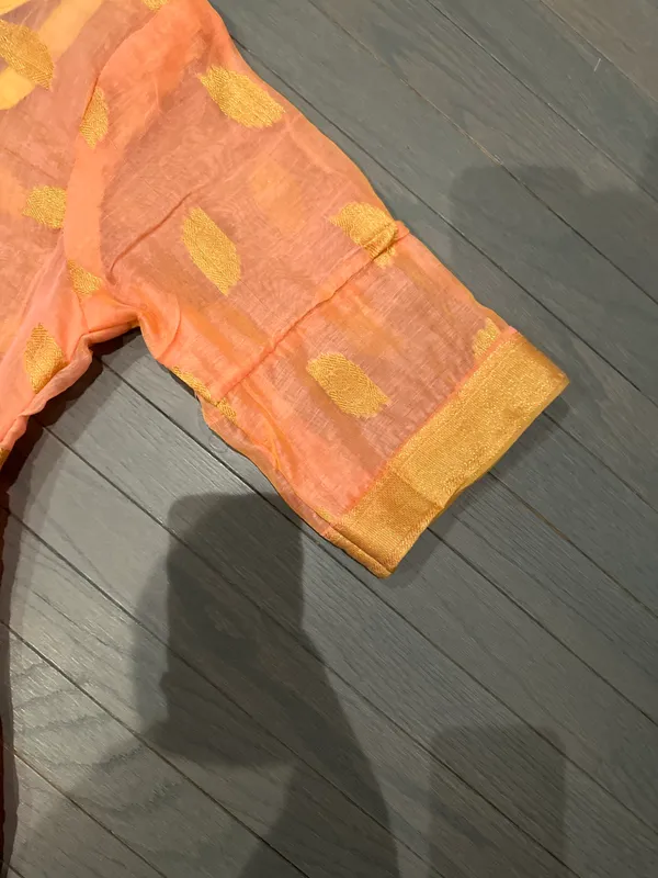 Indian Pakistani New Light Peach & Gold Organza Cotton Blend Stitched 2pc Suit - Image 4