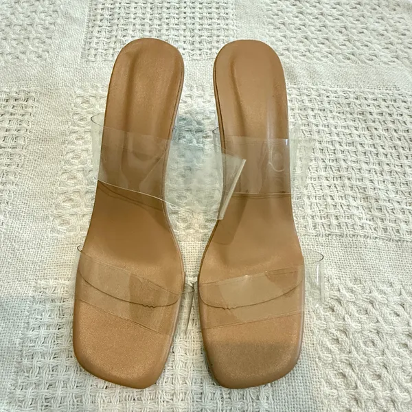 women's 39 rubber clear double strap square toe heels sandal 3089 - Image 7