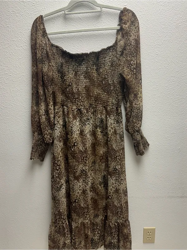 Betsey Johnson Large Brown Animal-print Smocked Maxi Dress With Sheer Sleeves - Image 6