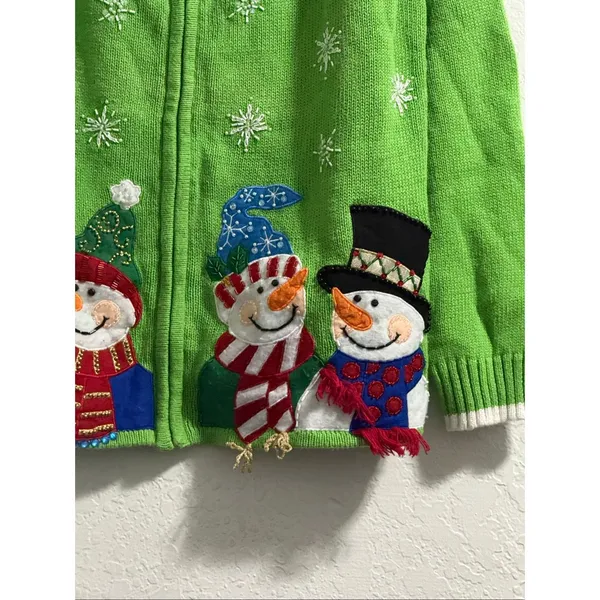 Tiara International Size M Green Christmas Sweater Snowmen Embellished Zip Front - Image 5