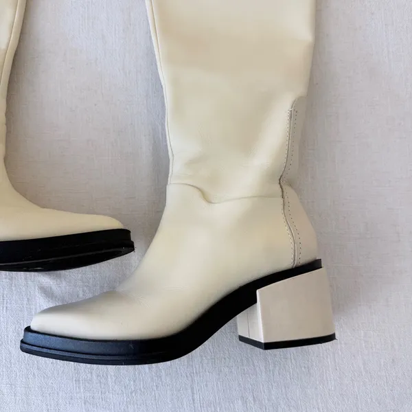 Franco Sarto Dorica Tall Boots 5.5M Cream Leather Block‎ Heel - Image 4