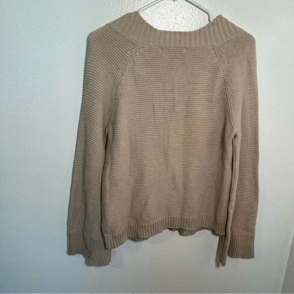 Marled Reunited Women's Sz Medium Lace Up V-Neck Sweater Beige Black Wide Sleeve - Image 7
