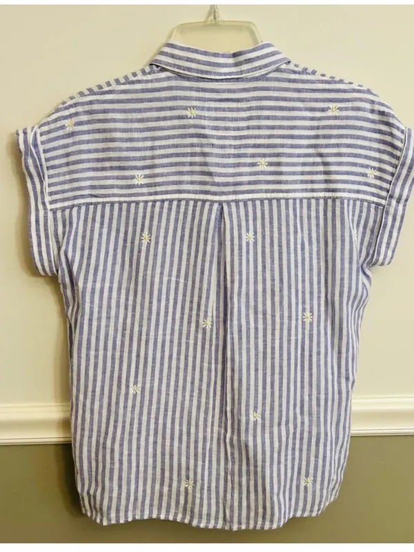 Rails Whitney Blue White Stripe Daisy Short Sleeve Collared Linen Rayon Shirt XS - Image 4