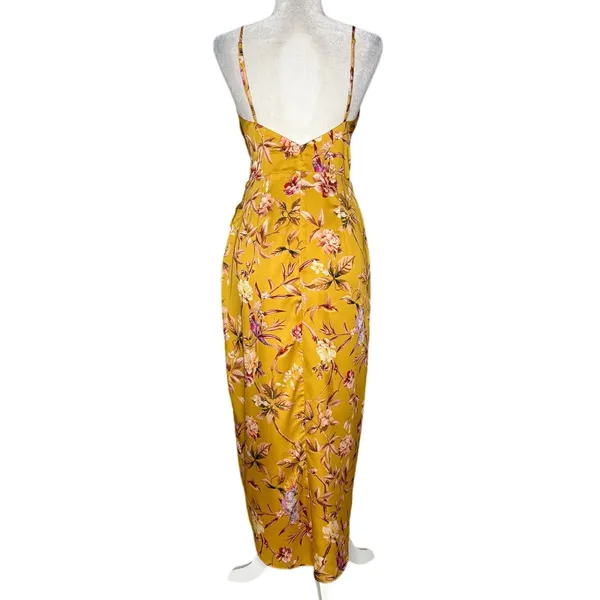 NWOT Express Satin Mustard Yellow Floral Bird Twist Front Tulip Midi Dress Small - Image 7
