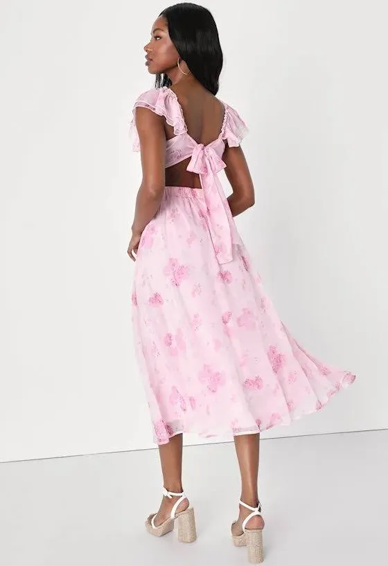 NWOT Lulus Loveliest Darling Light Pink Floral Ruffled Tie-Back Midi Dress. Size Medium - Image 3
