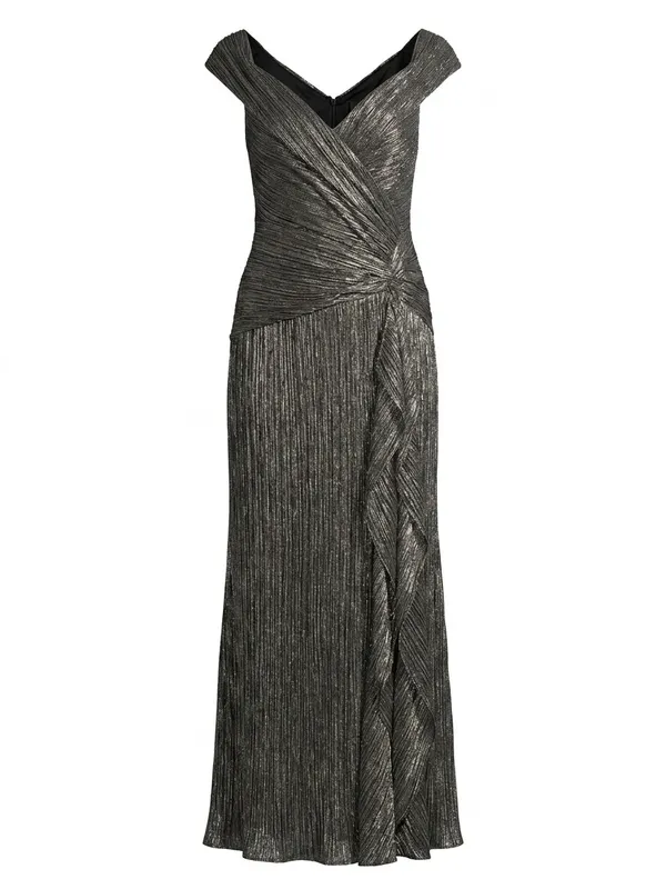 Xscape One-Shoulder Metallic Charcoal Evening Gown - Image 2