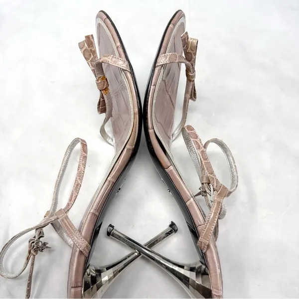 Cesare Paciotti Vintage Y2K Dagger Bow Croc Open Toe Stiletto Sandal Heels 40 - Image 10