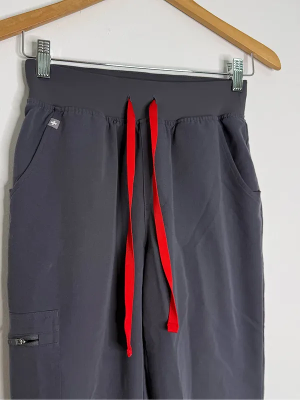 FIGS High Waisted Zamora Jogger Scrub Pants XS Gray Red Drawstring - Image 3