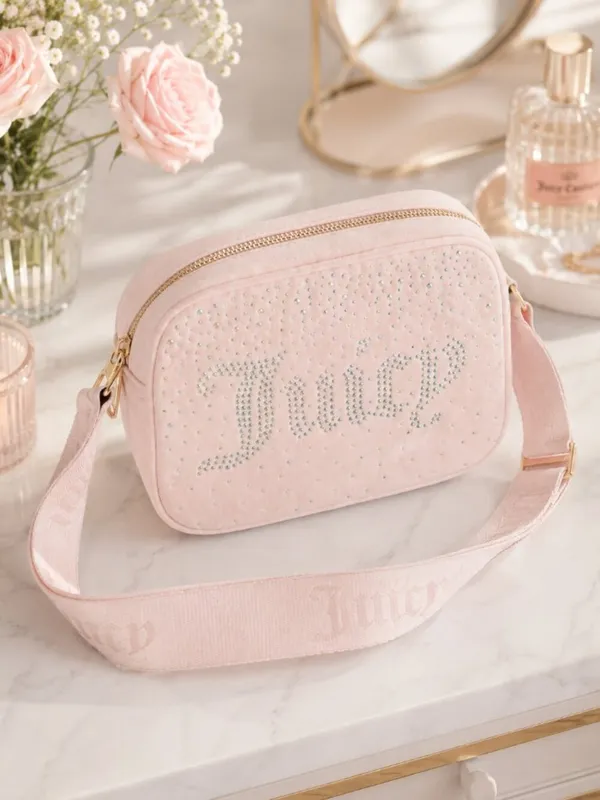 Juicy Couture Let It Shine Pink Velour Glitter Logo Crossbody Bag NWT - Image 3