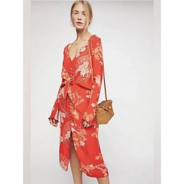 Free People hot pepper combo mixed print twist button front midi dress women’s S - Image 7