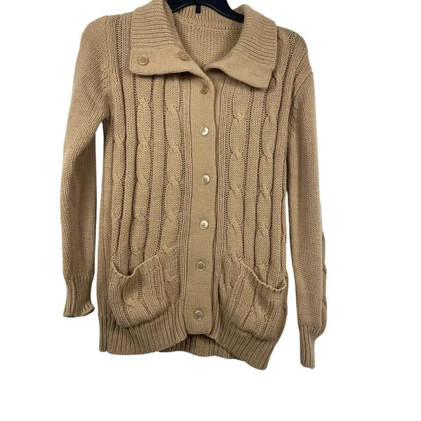 VTG 90s Grandma Beige Cable Knit S Button Front Cardigan Sweater Pocket - Image 3