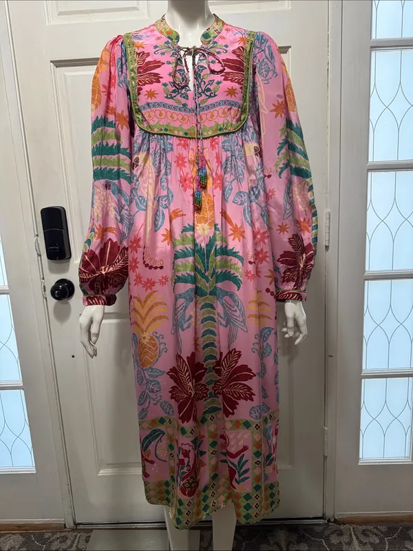 Fruits Queen Scarf Midi Dress Floral Bohemian Long Sleeve Size Medium - Image 3