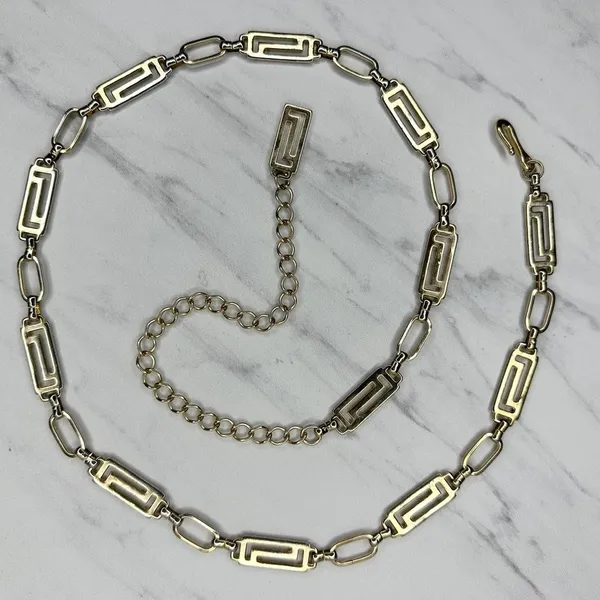 Greek Key Gold Tone Chain Belt One Size (OS) Adjustable Hook Closure ✨ - Image 2