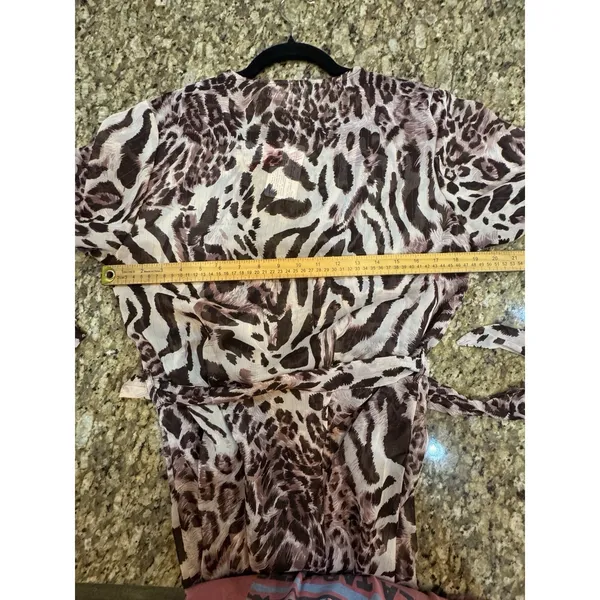 America & Beyond Womens Animal Print Rose Tan Ruffle Trim Robe Tie Kimono - Image 9