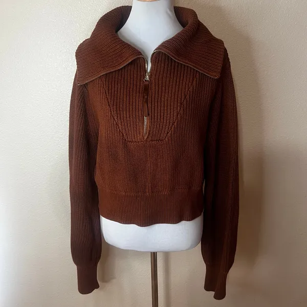 Varley Mentone Half Zip Pullover sweater Tortoise Shell Brown chunky knit SMALL - Image 2