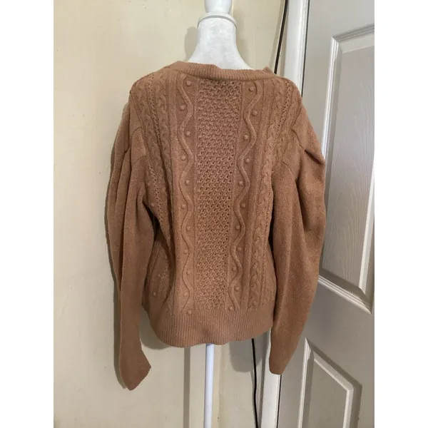 Express Tan Wool Blend Cable Knit Sweater Puff Sleeve L - Image 5
