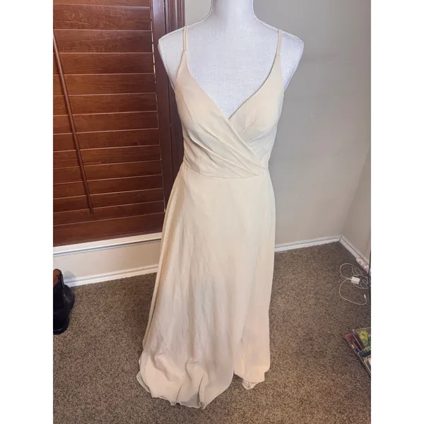 Azazie Champagne Chiffon V-Neck Maxi Dress A2 Bridesmaid Formal Low Back - Image 11