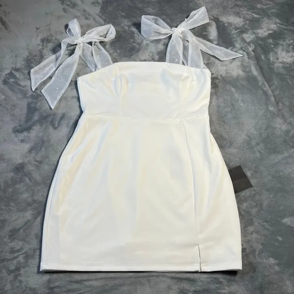 NEW Lulus Beaming Perfection White Pearl Organza Tie-Strap Mini Dress Size XL - Image 4