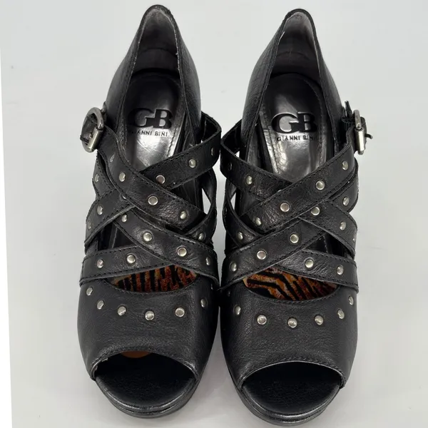 Gianni Bini Black Studded‎ Strappy Peep Toe Platform Heels Size 6.5 Goth Biker - Image 4