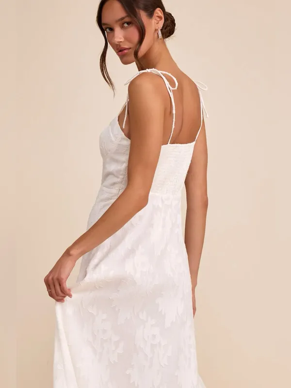 LULU’S Loveliest Looks White Floral Jacquard Tie-Strap Midi Dress - Image 3