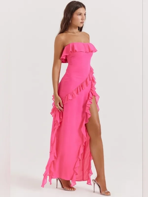 House of CB Sarina Ruffle Maxi Dress in Fuchsia Pink Size Small - Image 2