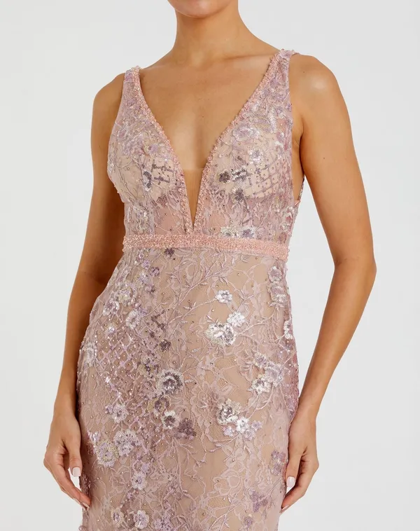 NWT - Mac Duggal 67481 Pink Floral Embellished Sleeveless Plunge Neck Gown - Image 2