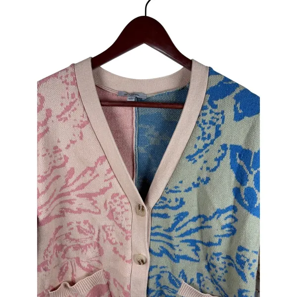 Polagram Cardigan Women Large Multicolor Floral Colorblock Jacquard Knit Sweater - Image 3