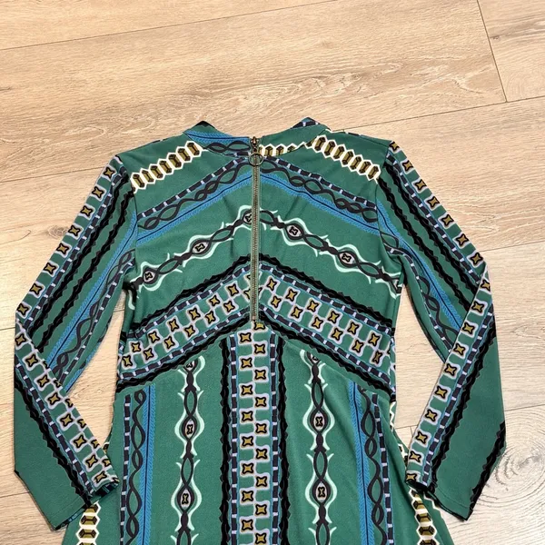 Free People Dress XS Green Stella Printed Mock Neck Long Sleeve‎ Boho Mini - Image 5