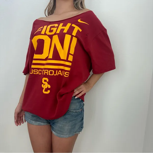 Nike USC Trojans Fight On Burgundy off the shoulder T-shirt - Image 2
