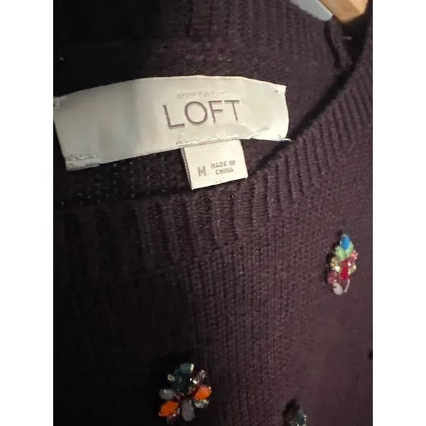 Loft Bejeweled Rhinestone Burgundy Plum Sweater Glam Preppy Twee Medium - Image 7