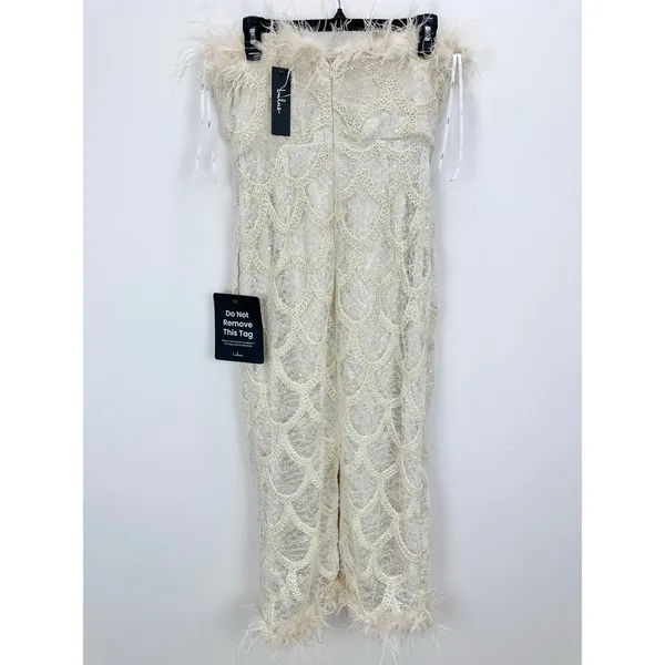 Lulus Uniquely Confident Cream Lace Feather Strapless Midi Dress Cocktail L NWT - Image 11