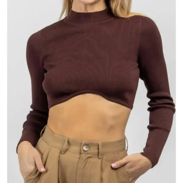 Olivaceous Long Sleeve Ribbed Brown Crop Top Size Small - Image 2