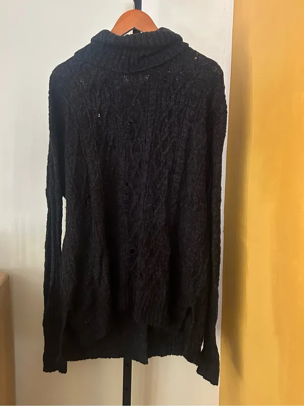 Free People Distressed Cable Knit Turtleneck Sweater Oversized Cowl Black Small‎ - Image 3