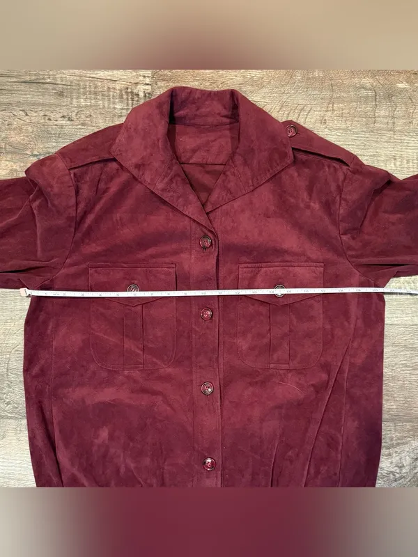 Ultra Suede Vintage Maroon Bomber Style Jacket Shoulder Pads Small/Medium Button - Image 2