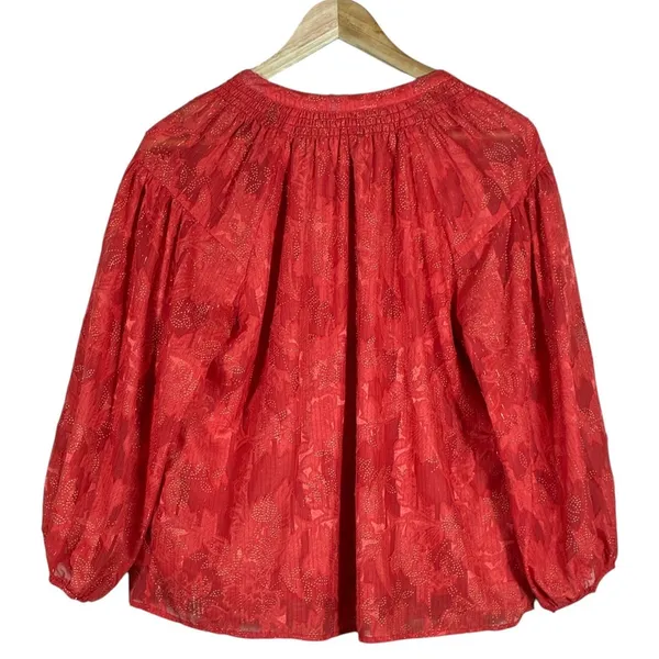 Zac & Rachel Peasant‎ Floral Jacquard Blouse Red Boho Smocked Metallic Size M - Image 5