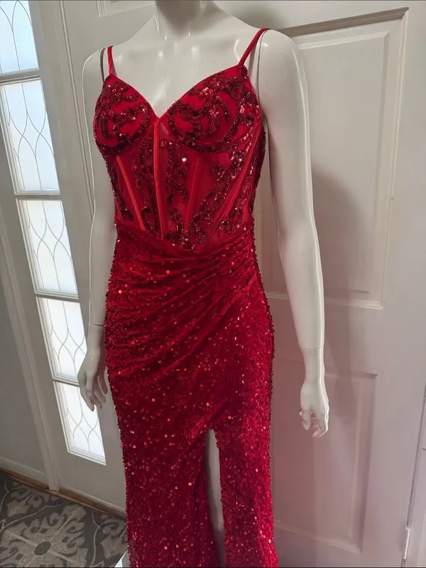 Unbranded Off shoulder Beaded Corset Slit Red Sequin Ruched Evening Gown Sz 6 A - Image 4