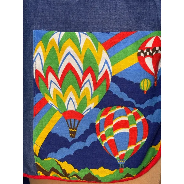 Vintage 70s Hot Air Balloon Smock Vest Blue Chambray Rainbow‎ Snap Front Top - Image 10