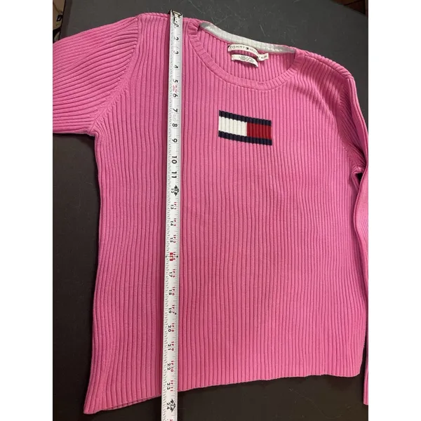 Tommy Hilfiger Ribbed Knit Sweater Womens XL Pink Flag Logo Y2K Preppy FLAW - Image 8