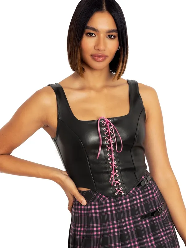 Blackmilk Black Faux Leather Corset Crop Top with Pink Lace-Up - Image 16