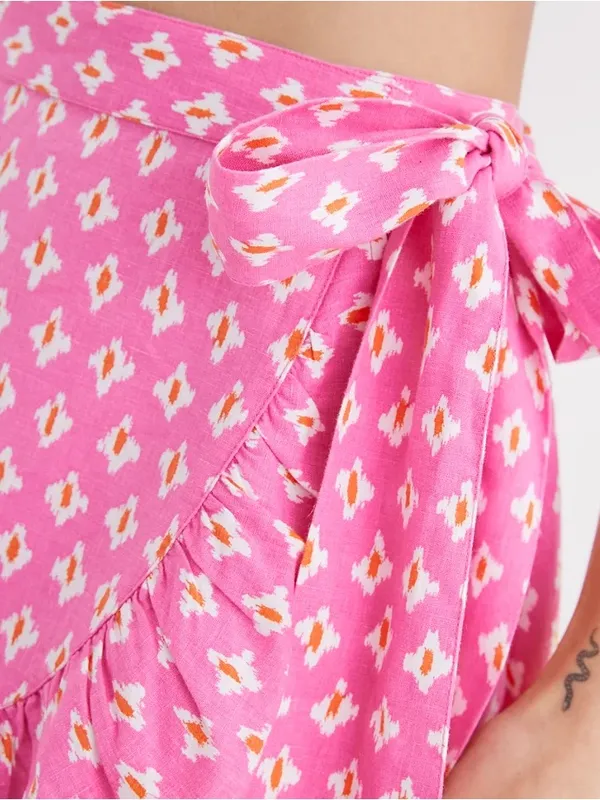 Aerie Pink Linen Blend Wrap Mini Skirt Ruffle Hem Cottagecore Medium - Image 3