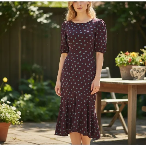 Bobeau Brown Polkadot Midi Dress MEDIUM Cottage Business Casual Biascut Work $88 - Image 4