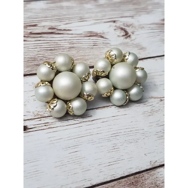Vintage Clip On Earrings - Pretty Faux Pearl Cluster with Gold Tone Detail 1" - Image 2