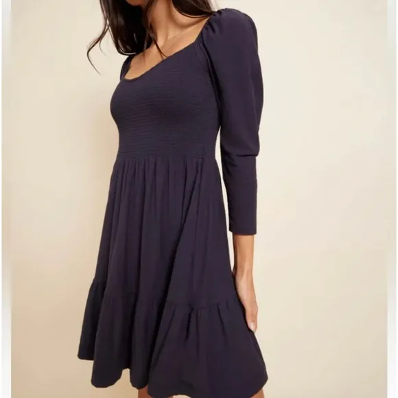 Nation LTD Noel Babydoll Dress XS Navy Pima Cotton Smocked Tiered Mini‎ - Image 3