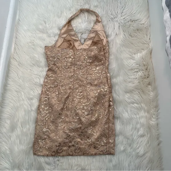 Kameez Womens Mini Halter Dress Gold Glitter Lace Faux Wrap Skirt Lined Zip Back - Image 5