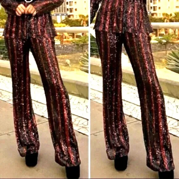 Zara The Abbey Flared Sequin Pants Women S Orange Black Striped Retro Party Glam - Image 3