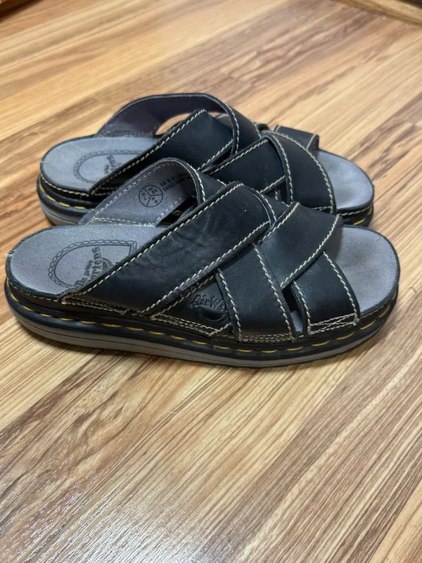 Vintage Y2K Doc Dr. Martens Leather Yellow Stitch Sandals Slides Sz 7 - Image 3