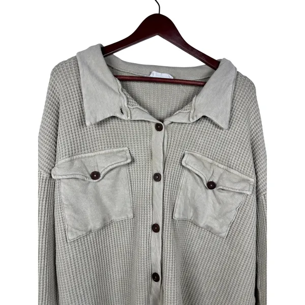 Bucketlist Button Down Shirt Womens Medium Tan Waffle Knit‎ Utility Shacket - Image 2