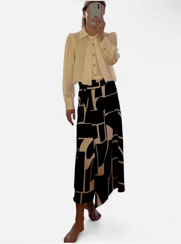 Mango black and white abstract geometric print midi skirt with belt in XS - Image 3