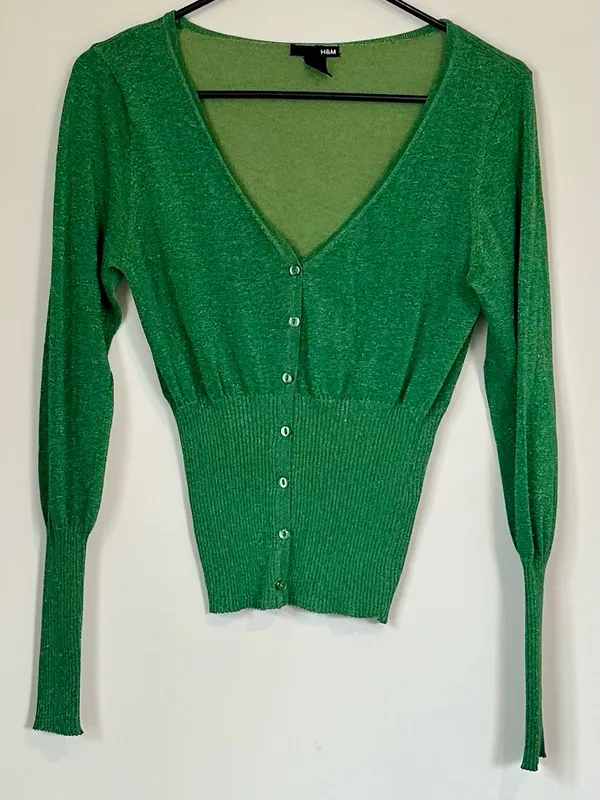 H&M Metallic Green V-Neck Button Cardigan Sweater - Size: Medium - Image 2