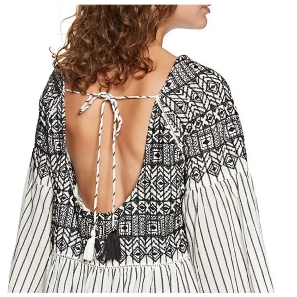 Free People Women's Boho Mini Lola Striped Dress White Black Tiered Embroidered‎ - Image 3